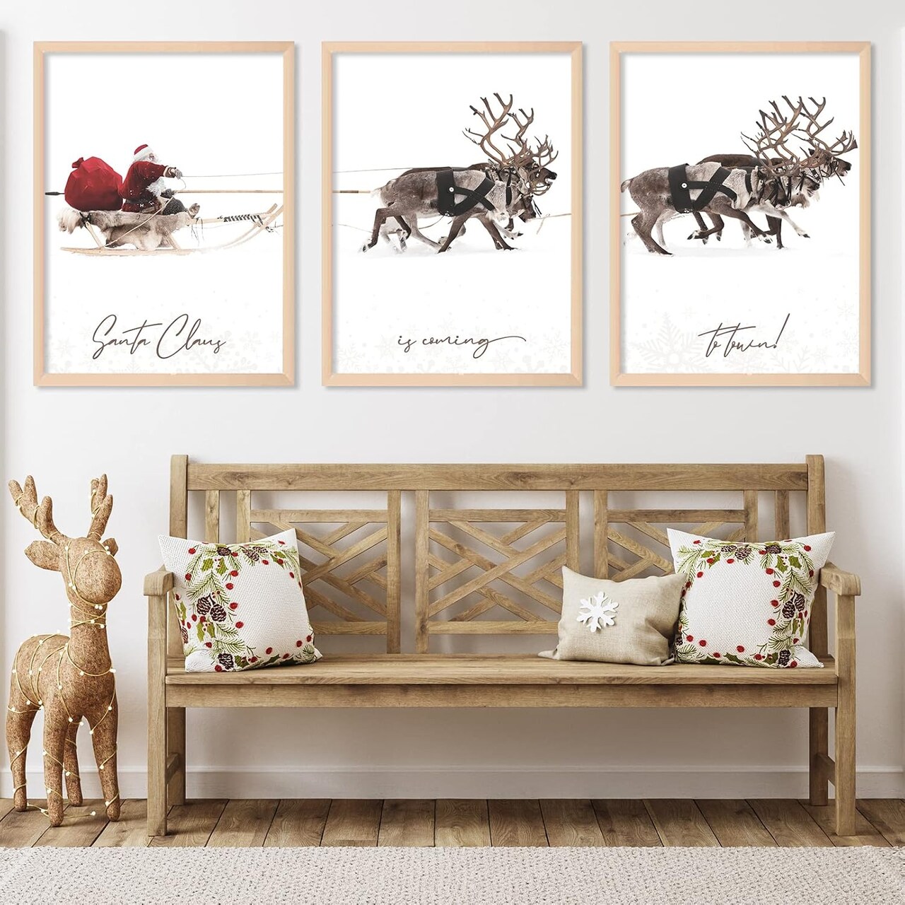 3Pcs Christmas Wall Art Prints 12x16in Santa Claus Reindeer with Sleigh Art Poster Decor Large Aesthetic Xmas Posters Room Decor for Gallery Living Room Bathroom Wall Decor(UNFRAMED)